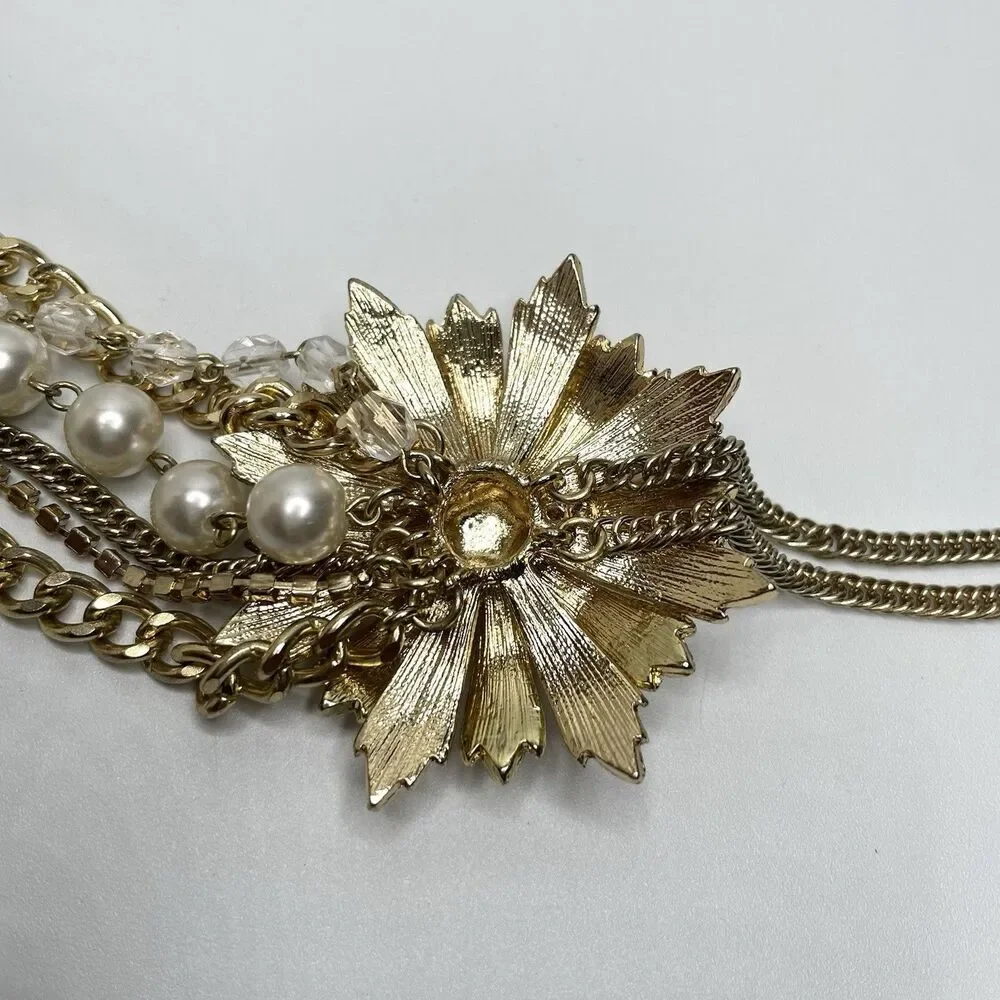 Amazing Gold Tone Fax Pearl Glass Rhinestone Flower Layered Chain Necklace